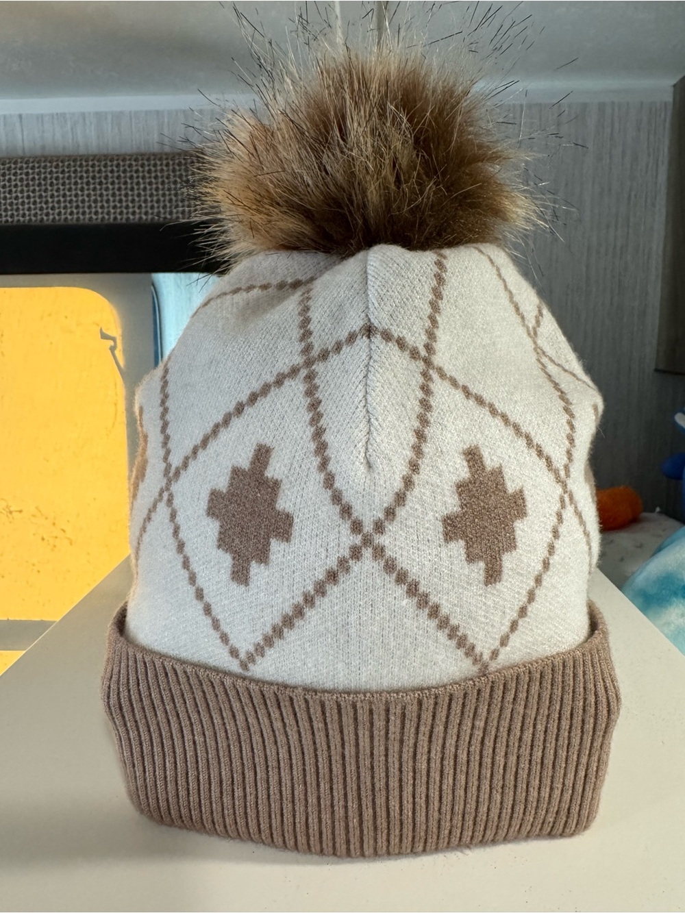 Rachel Zoe Cream & Brown Geometric Knit Pom Hat